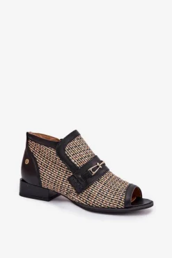 Outlet Maciejka Skórzane Botki Damskie Z Odkrytymi Palcami 06934-39/00-1 Czarno-Beżowe