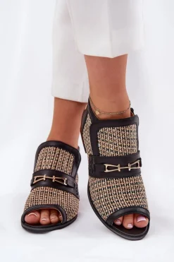 Outlet Maciejka Skórzane Botki Damskie Z Odkrytymi Palcami 06934-39/00-1 Czarno-Beżowe