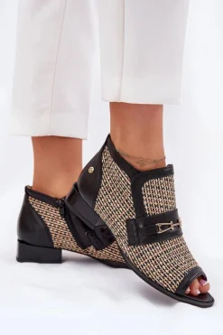 Outlet Maciejka Skórzane Botki Damskie Z Odkrytymi Palcami 06934-39/00-1 Czarno-Beżowe