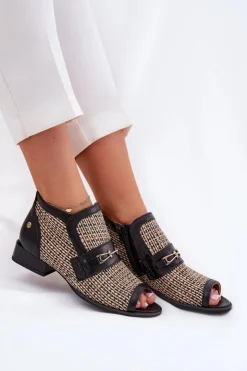 Outlet Maciejka Skórzane Botki Damskie Z Odkrytymi Palcami 06934-39/00-1 Czarno-Beżowe