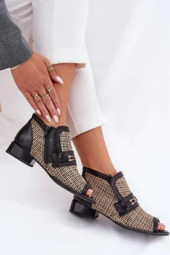 Outlet Maciejka Skórzane Botki Damskie Z Odkrytymi Palcami 06934-39/00-1 Czarno-Beżowe