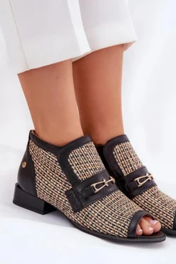 Outlet Maciejka Skórzane Botki Damskie Z Odkrytymi Palcami 06934-39/00-1 Czarno-Beżowe