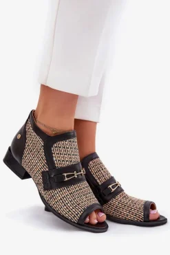 Outlet Maciejka Skórzane Botki Damskie Z Odkrytymi Palcami 06934-39/00-1 Czarno-Beżowe