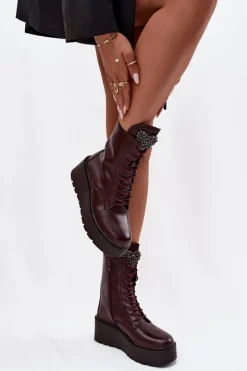 Damskie Boto Skórzane Botki Damskie Z Ozdobą Ocieplane Bordowe Ulrika