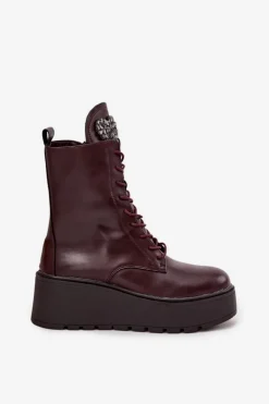 Damskie Boto Skórzane Botki Damskie Z Ozdobą Ocieplane Bordowe Ulrika