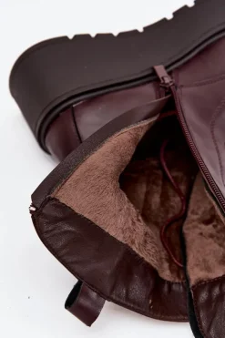 Damskie Boto Skórzane Botki Damskie Z Ozdobą Ocieplane Bordowe Ulrika