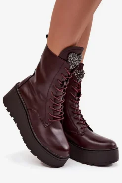 Damskie Boto Skórzane Botki Damskie Z Ozdobą Ocieplane Bordowe Ulrika