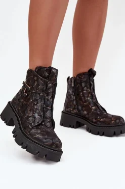 Damskie Artiker Skórzane Botki Damskie Z Ozdobą Ocieplane 57C2084 Czarno-Złote