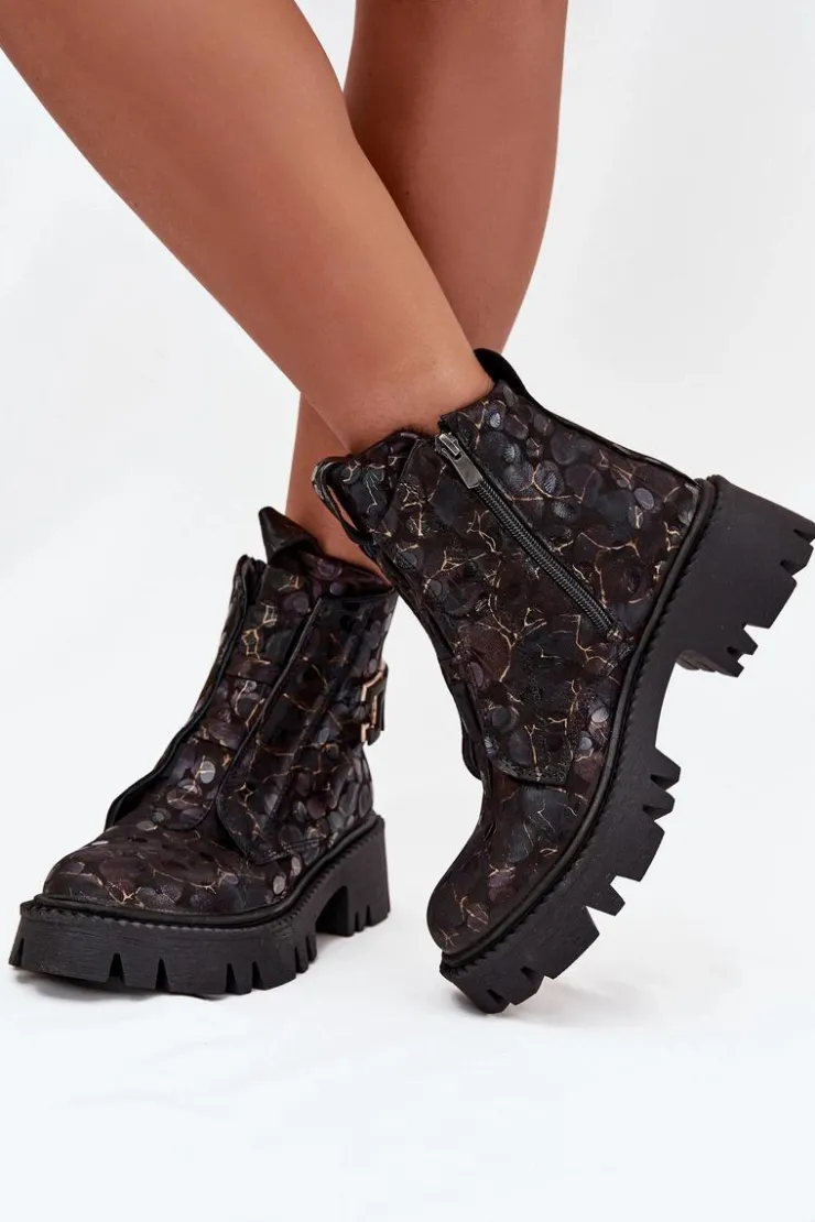 Damskie Artiker Skórzane Botki Damskie Z Ozdobą Ocieplane 57C2084 Czarno-Złote