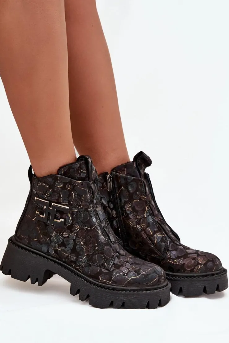 Damskie Artiker Skórzane Botki Damskie Z Ozdobą Ocieplane 57C2084 Czarno-Złote