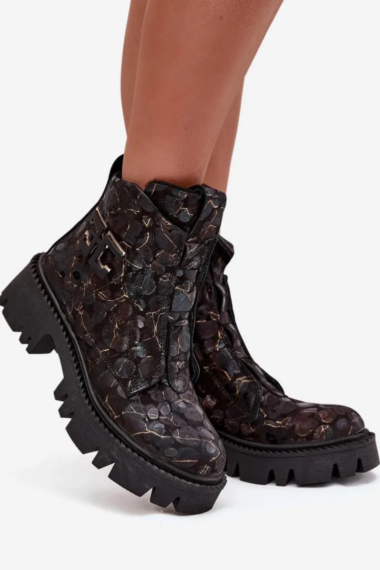 Damskie Artiker Skórzane Botki Damskie Z Ozdobą Ocieplane 57C2084 Czarno-Złote