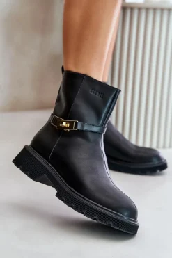 Damskie GOE Skórzane Botki Damskie Z Paskiem Ocieplane OO2N4150 Czarne