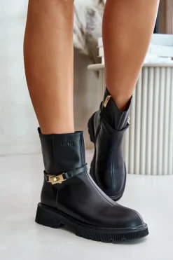 Damskie GOE Skórzane Botki Damskie Z Paskiem Ocieplane OO2N4150 Czarne