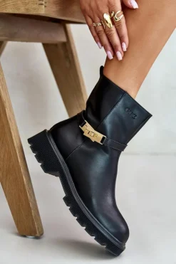 Damskie GOE Skórzane Botki Damskie Z Paskiem Ocieplane OO2N4150 Czarne