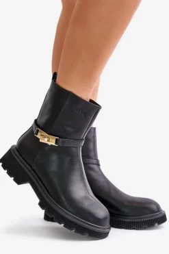 Damskie GOE Skórzane Botki Damskie Z Paskiem Ocieplane OO2N4150 Czarne