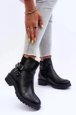 Boto Czarne Botki|Botki Płaskie*Skórzane Botki Damskie Z Paskami Czarne Minks