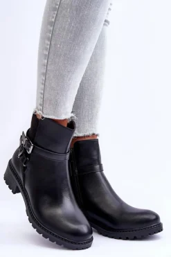 Boto Czarne Botki|Botki Płaskie*Skórzane Botki Damskie Z Paskami Czarne Minks