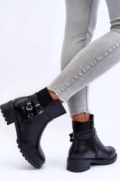 Boto Czarne Botki|Botki Płaskie*Skórzane Botki Damskie Z Paskami Czarne Minks