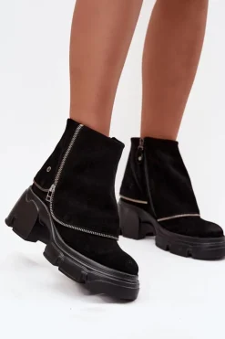 Maciejka Botki Ocieplane|Botki Maciejka*Skórzane Botki Damskie Z Wywiniętą Cholewką 07145-01 Czarne Czarny