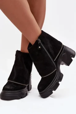 Maciejka Botki Ocieplane|Botki Maciejka*Skórzane Botki Damskie Z Wywiniętą Cholewką 07145-01 Czarne Czarny