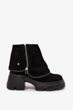 Maciejka Botki Ocieplane|Botki Maciejka*Skórzane Botki Damskie Z Wywiniętą Cholewką 07145-01 Czarne Czarny