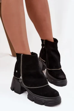 Maciejka Botki Ocieplane|Botki Maciejka*Skórzane Botki Damskie Z Wywiniętą Cholewką 07145-01 Czarne Czarny