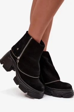 Maciejka Botki Ocieplane|Botki Maciejka*Skórzane Botki Damskie Z Wywiniętą Cholewką 07145-01 Czarne Czarny