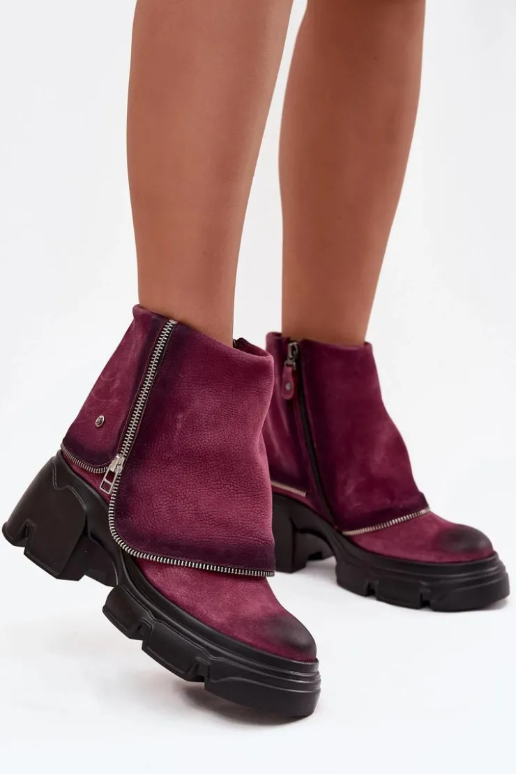 Discount Maciejka Skórzane Botki Damskie Z Wywiniętą Cholewką 07145-23 Bordowe Czerwony