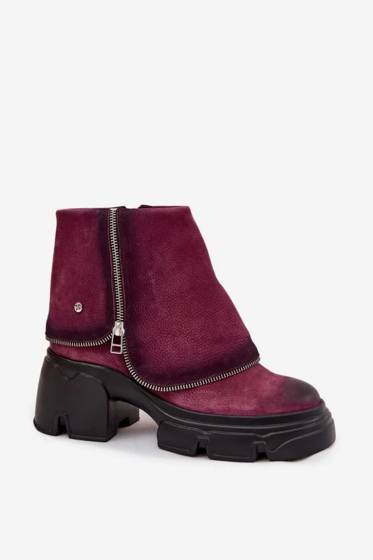 Discount Maciejka Skórzane Botki Damskie Z Wywiniętą Cholewką 07145-23 Bordowe Czerwony