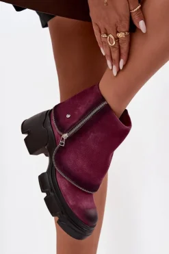 Discount Maciejka Skórzane Botki Damskie Z Wywiniętą Cholewką 07145-23 Bordowe Czerwony