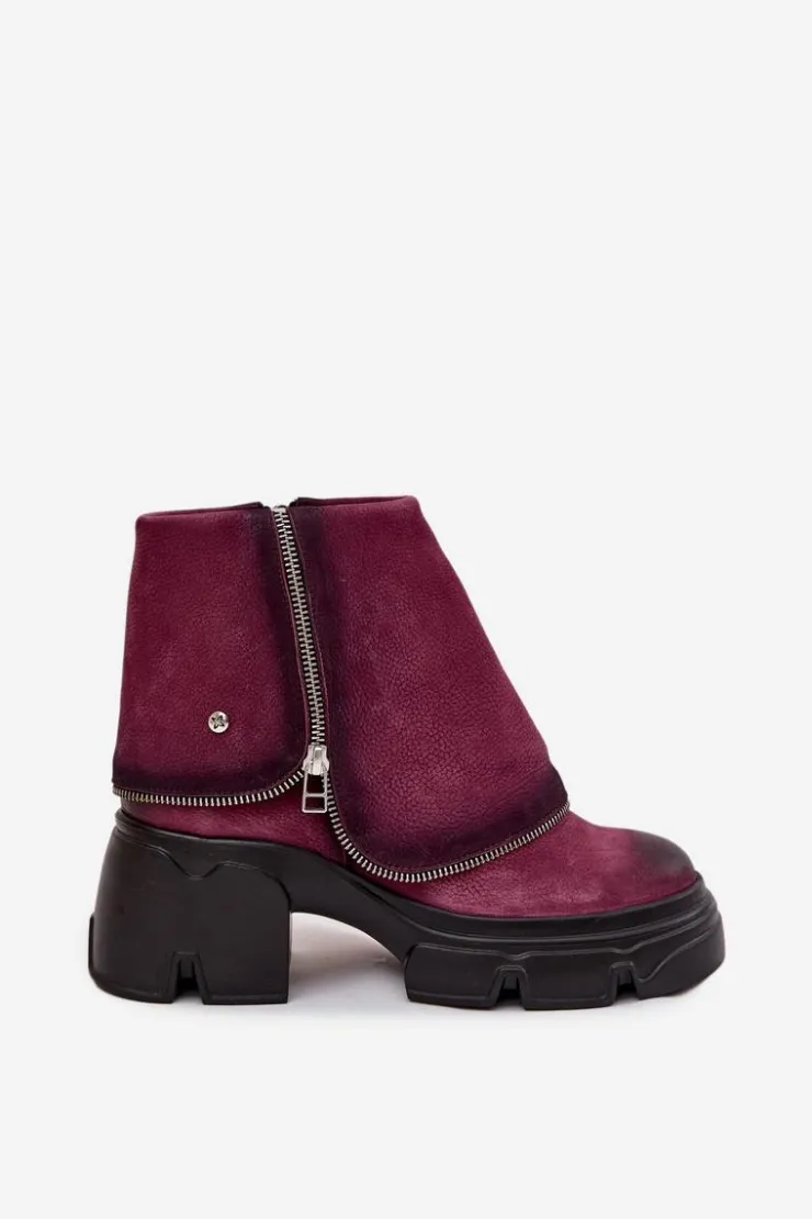 Discount Maciejka Skórzane Botki Damskie Z Wywiniętą Cholewką 07145-23 Bordowe Czerwony