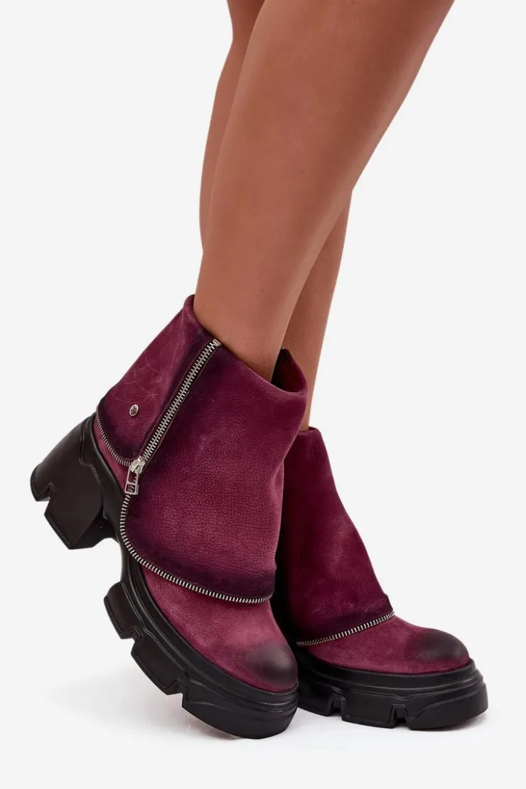 Discount Maciejka Skórzane Botki Damskie Z Wywiniętą Cholewką 07145-23 Bordowe Czerwony