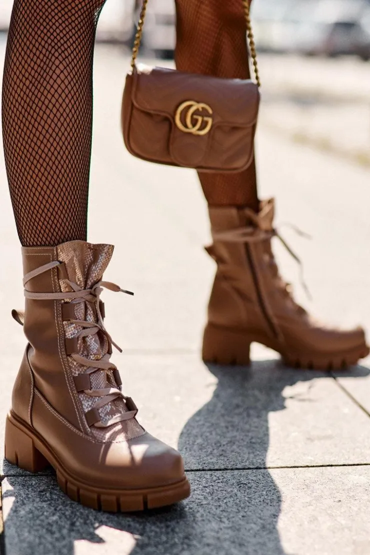 Online Boto Skórzane Botki Damskie Z Wiązaniem Beżowe Doreli