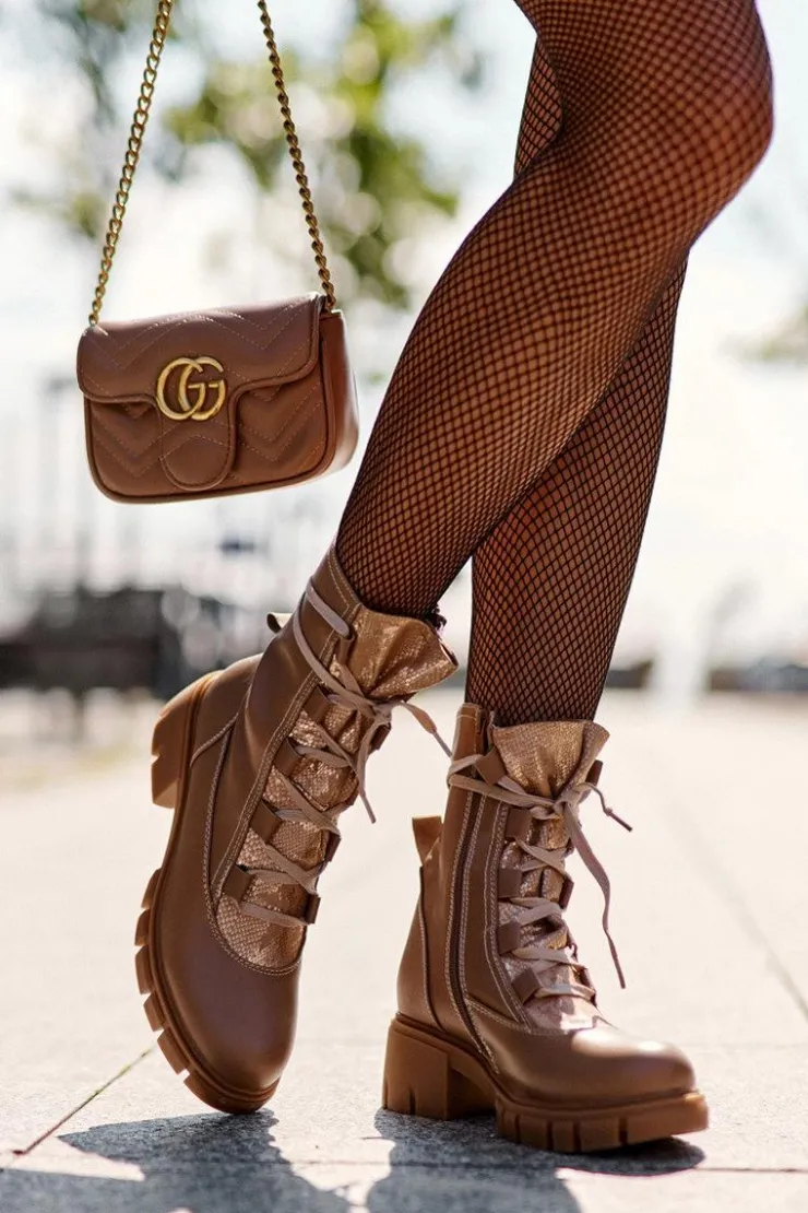 Online Boto Skórzane Botki Damskie Z Wiązaniem Beżowe Doreli