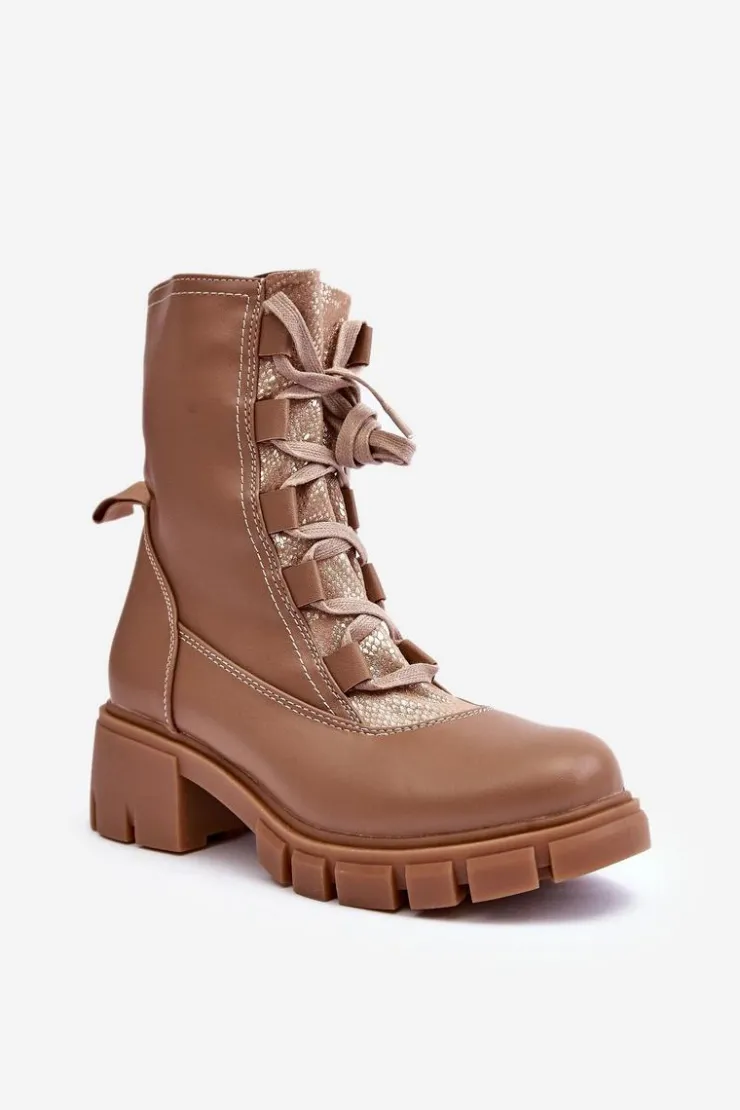 Online Boto Skórzane Botki Damskie Z Wiązaniem Beżowe Doreli