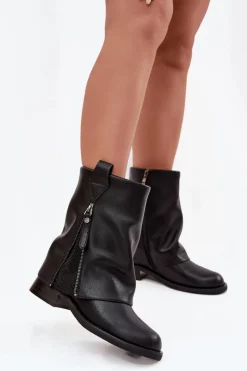 Clearance Maciejka Skórzane Botki Damskie Z Wywiniętą Cholewką Na Klocku K7213-01 Czarne