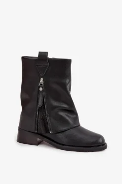 Clearance Maciejka Skórzane Botki Damskie Z Wywiniętą Cholewką Na Klocku K7213-01 Czarne