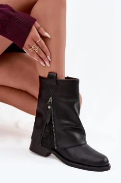 Clearance Maciejka Skórzane Botki Damskie Z Wywiniętą Cholewką Na Klocku K7213-01 Czarne