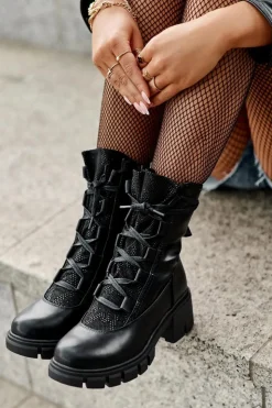 New Boto Skórzane Botki Damskie Z Wiązaniem Czarne Doreli