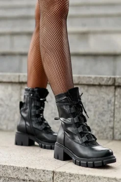 New Boto Skórzane Botki Damskie Z Wiązaniem Czarne Doreli