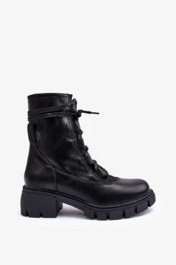 New Boto Skórzane Botki Damskie Z Wiązaniem Czarne Doreli