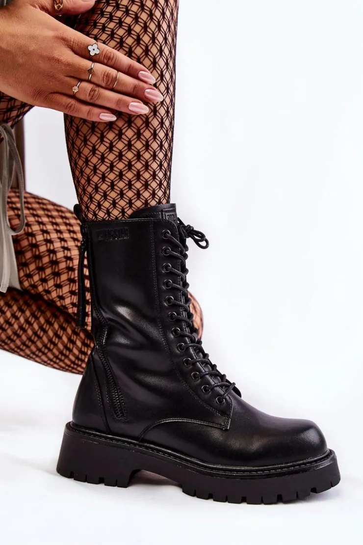 Damskie Big Star Shoes Skórzane Botki Glany Big Star KK274494 Czarne