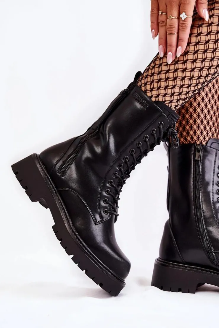 Damskie Big Star Shoes Skórzane Botki Glany Big Star KK274494 Czarne