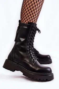 Damskie Big Star Shoes Skórzane Botki Glany Big Star KK274494 Czarne