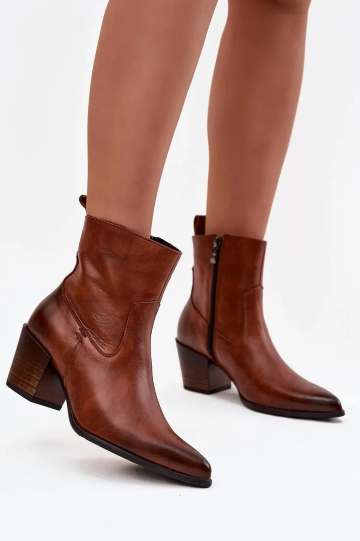 Zazoo Botki Ocieplane|Botki Skórzane*Skórzane Botki Kowbojki Damskie Na Słupku Ocieplane 60565 Brązowe Brązowy