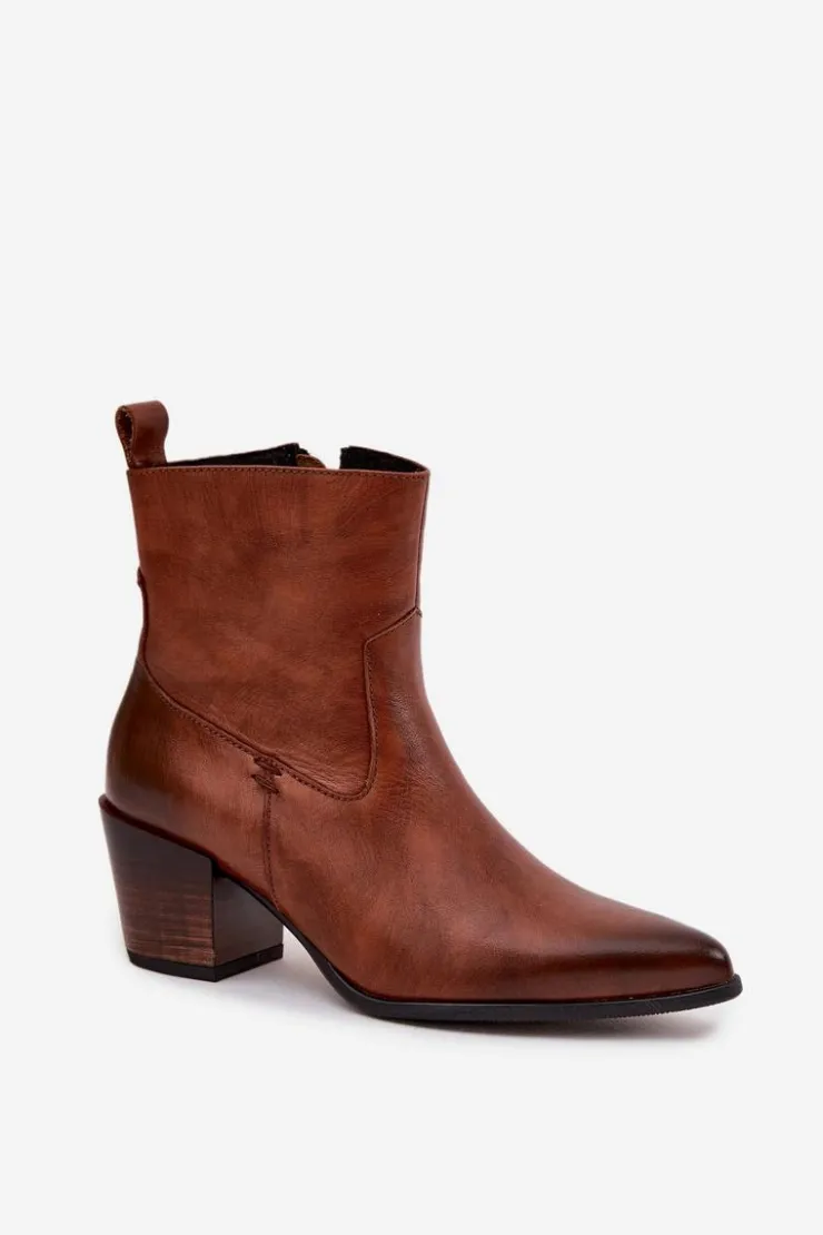 Zazoo Botki Ocieplane|Botki Skórzane*Skórzane Botki Kowbojki Damskie Na Słupku Ocieplane 60565 Brązowe Brązowy