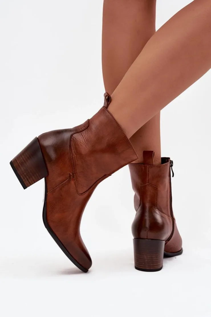 Zazoo Botki Ocieplane|Botki Skórzane*Skórzane Botki Kowbojki Damskie Na Słupku Ocieplane 60565 Brązowe Brązowy