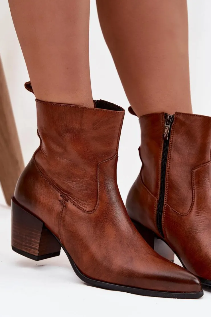 Zazoo Botki Ocieplane|Botki Skórzane*Skórzane Botki Kowbojki Damskie Na Słupku Ocieplane 60565 Brązowe Brązowy