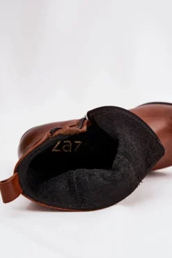 Zazoo Botki Ocieplane|Botki Skórzane*Skórzane Botki Kowbojki Damskie Na Słupku Ocieplane 60565 Brązowe Brązowy