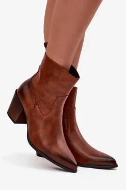 Zazoo Botki Ocieplane|Botki Skórzane*Skórzane Botki Kowbojki Damskie Na Słupku Ocieplane 60565 Brązowe Brązowy